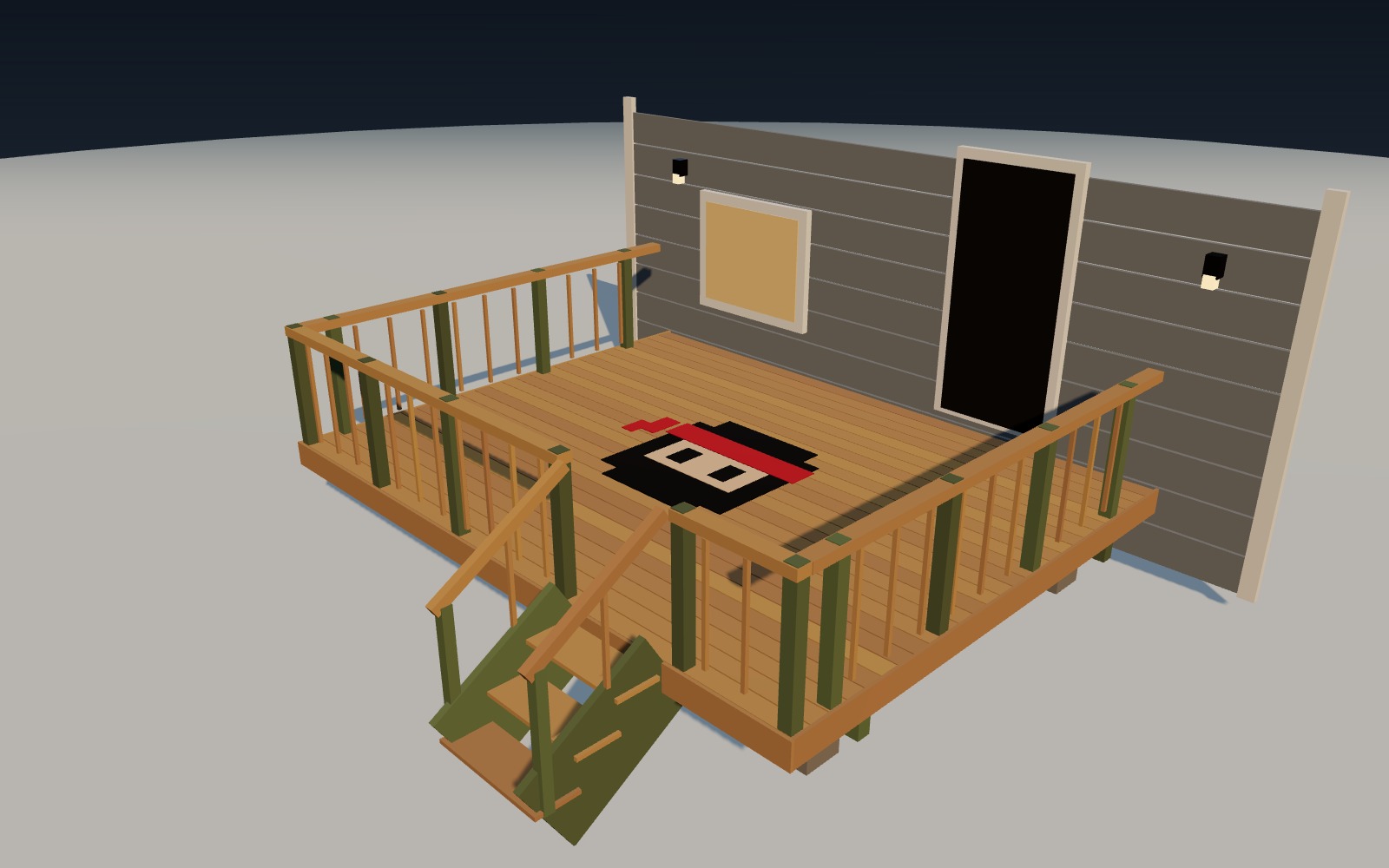 3D-modell av ferdig terrasse med rekkverk, trapp og ninja-logo i dekket